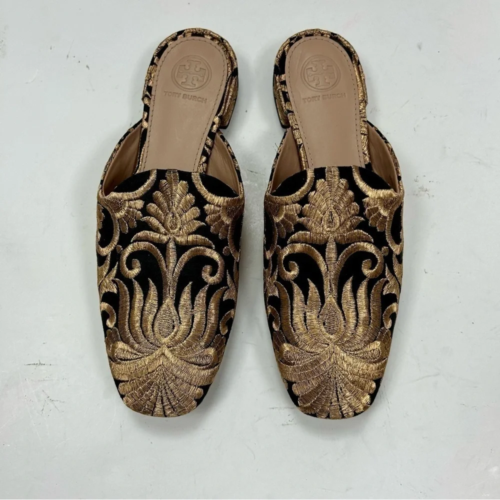 Tory Burch Carlotta Naya Brocade Embroidered Mules Gold Size 6